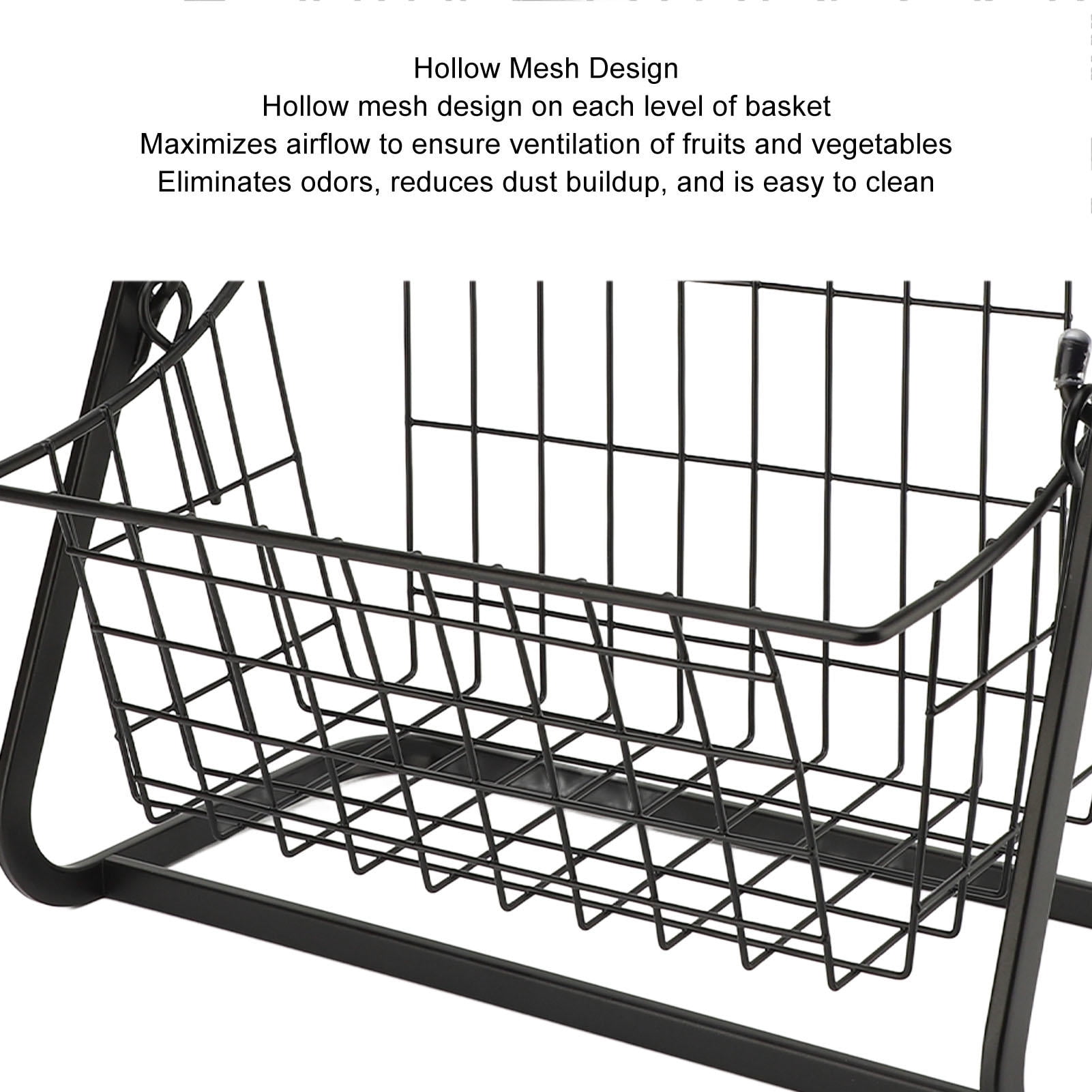YAHHU Kitchen Fruit Storage Basket Multipurpose Carbon Steel Mesh Hollow Design 2 Tier Fruit Basket Bowl for Kitchen Counter Space Saving Black