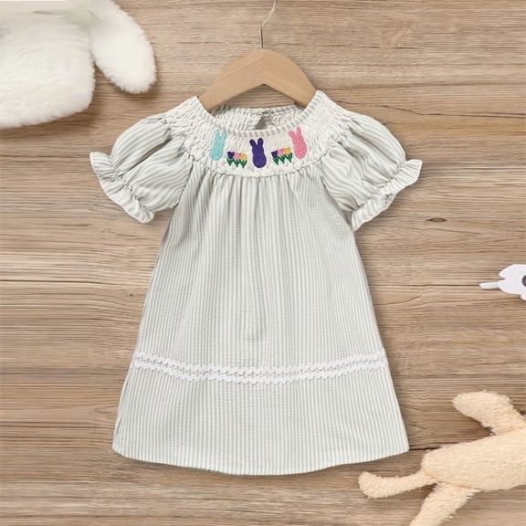 ZEHJUHAN Toddler Girls' Bunny Floral Dress, Checkered Pattern Bubble Sleeve A-Line Dress with Lace Trim Purple，3-6M