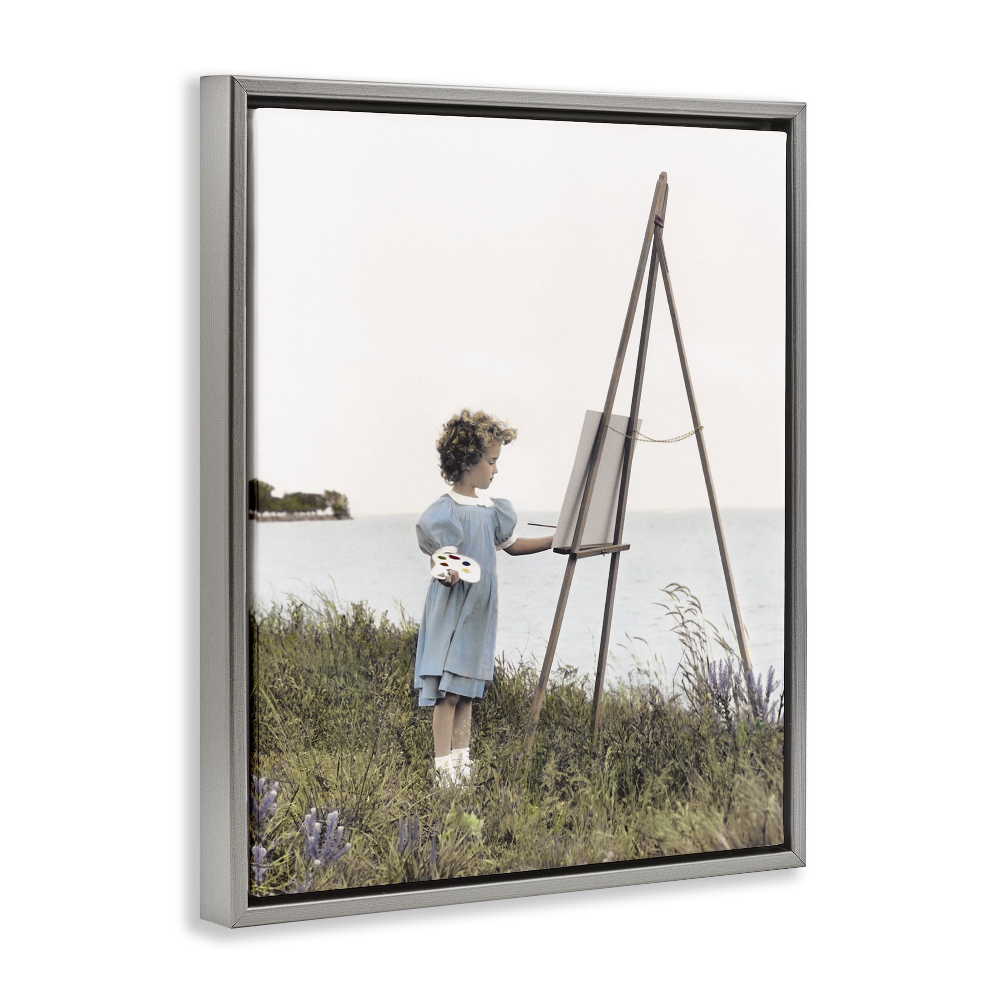 Stupell Industries Child Painting on Easel Gray Framed Floater Canvas Wall Art, design by Kendra Dew