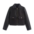thumbnail image 4 of Women Cropped Bomber Jacket Button Down Varsity Shacket with Pockets Lapel Neck Long Sleeve Full Zip Casual Coat, 4 of 7