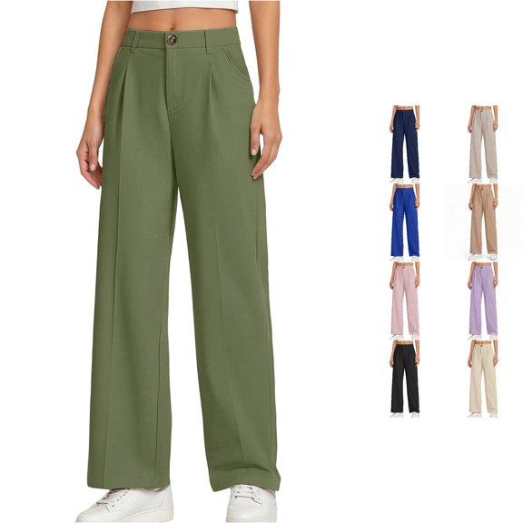 CUZIBR Girls Dress Pants Wide Leg Pants High Waist Pleated Button Zipper Straight Suit Trousers With Pockets Soft Casual Bottoms Holiday Vacation Travel Lightweight Dailywear,Green,6-7 Years