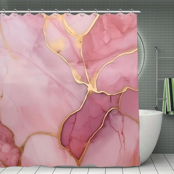 Pink Marble Gold Abstract Print Shower Curtain,Modern Fabric Waterproof Shower Curtain Set with Hooks,70.8×70.8Inch