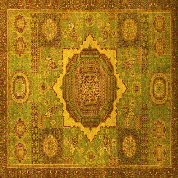 Ahgly Company Machine Washable Indoor Square Oriental Yellow Modern Area Rugs, 5' Square