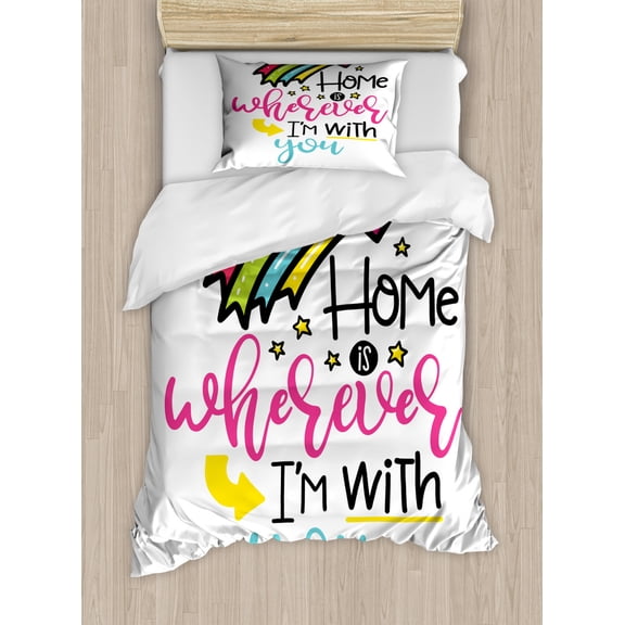 Saying Duvet Cover Set Twin Size, Design Home is Wherever Im with You Saying Rainbow Heart and Stars, Decorative 2 Piece Bedding Set with 1 Pillow Sham, Multicolor, by Ambesonne