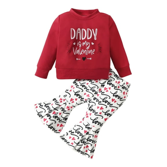 Baby Girl Valentine's Outfits Round Neck Long Sleeve Letter Print Tops   Elastic Waist Heart Flare Pants Infant Toddler Set