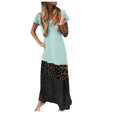 

Women s Dress Shoes Women Short V-Neck Dress Long Fashion Leopard Patchwork Sleeve Summer Women s Dress
