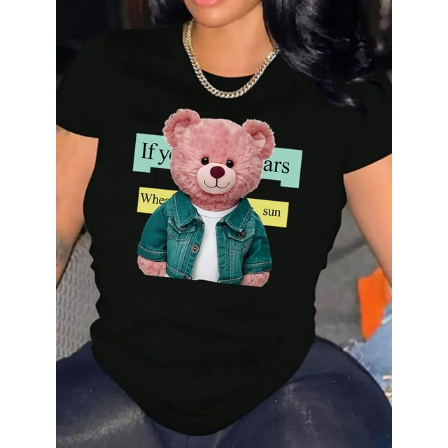 Camiseta para mamá para mujer ropa de calle clásica veranoCreative Pink Bear Pattern Printed Women'S Fashion Trendy Round Neck Short Sleeve, Simple Casual Sports T-Shirt, Comfortable Summer Top for