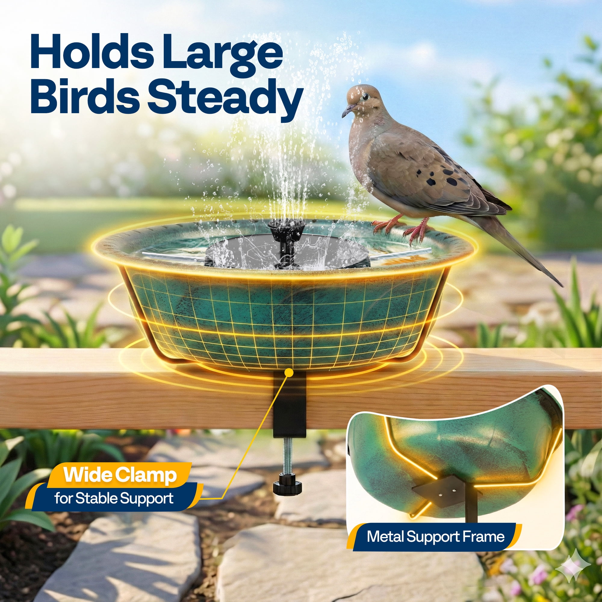 SPECSTAR Deck Mounted Bird Bath with Solar Fountain, Outdoor ABS Birdbath Bowl with Adjustable Metal Clamp, Solar Powered Pump for Railing, Fence, Balcony, 1.45 Gallons, Green
