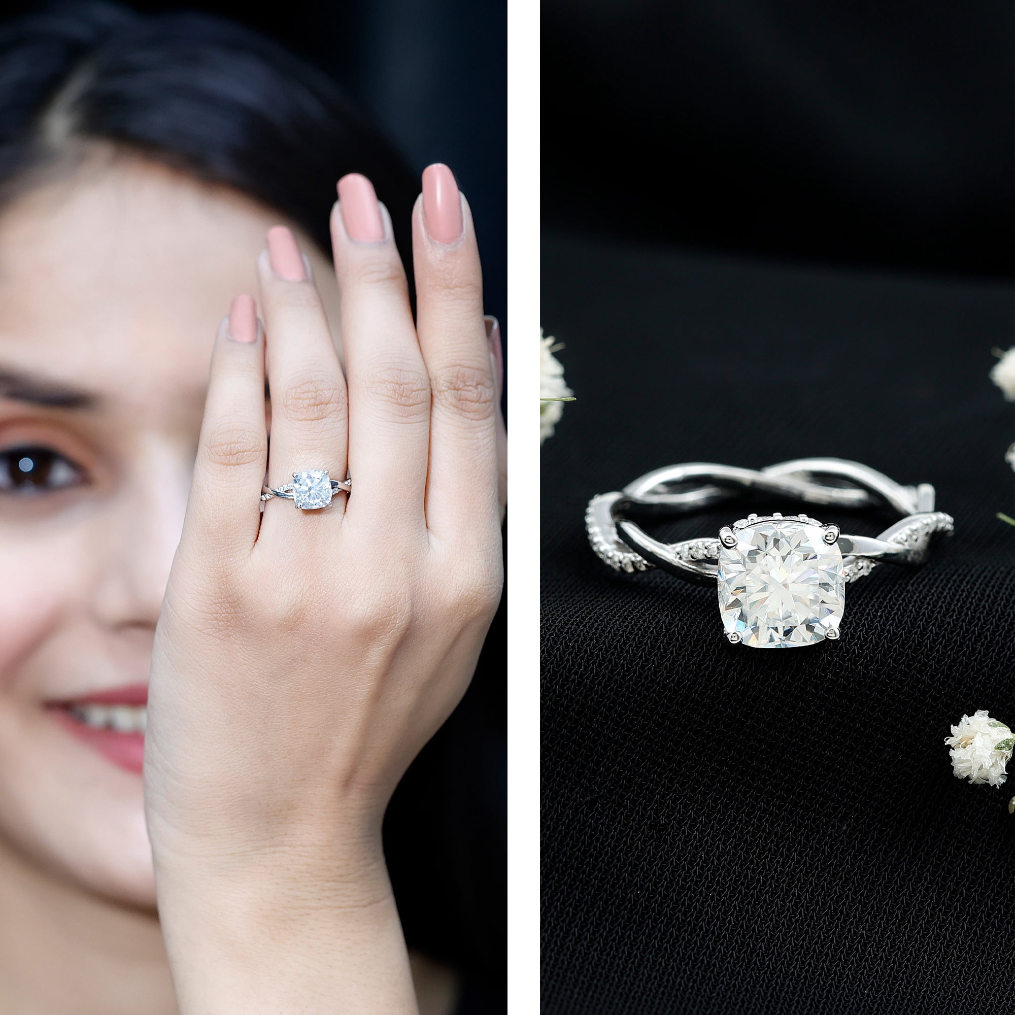 Rosec Jewels Moissanite Solitaire Engagement Ring Cushion Cut - Designer Ring for Women - 8 mm - 3 Carat - D-VS1 Quality, 14K White Gold, US 12.50