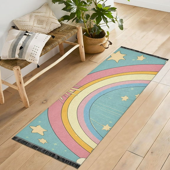 Yayeee Runner Rug for Bedroom 2'x6' Machine Washable Hallway Non Slip Mat, Retro Beige Rainbow