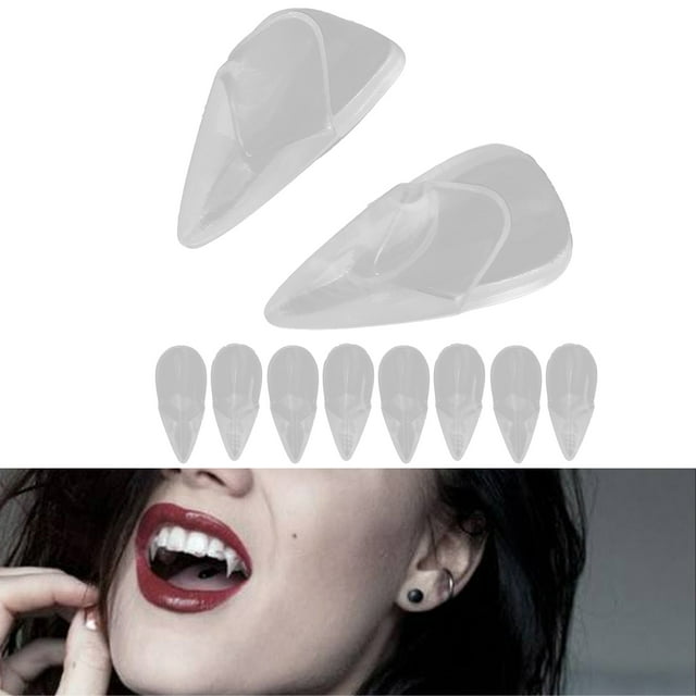 Cosplay Dentures Prop, Vampire Fangs Easy To Wear Lifelike Reusable Transparent for Werewolves for Parties 19mm/0.75in. The image shows a set of transparent resin vampire fangs, designed for role-playing as vampires, werewolves, or zombies. The fangs are reusable, easy to wear, and suitable for Halloween parties, concerts, and other events. Includes 10 pieces (5 pairs) of lifelike fangs.