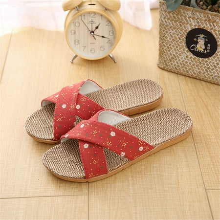 

STEADY Women Lace-up Closed Toe Comfortable Slip On Floral Linen Ladies Slippers Red / 38