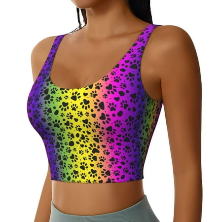 JUNZAN Animal Paw Rainbow Print Women s Workout Tank Tops - U Back Fitness Top with Built-In Shelf Bra  Perfect for Yoga and Gym-Medium