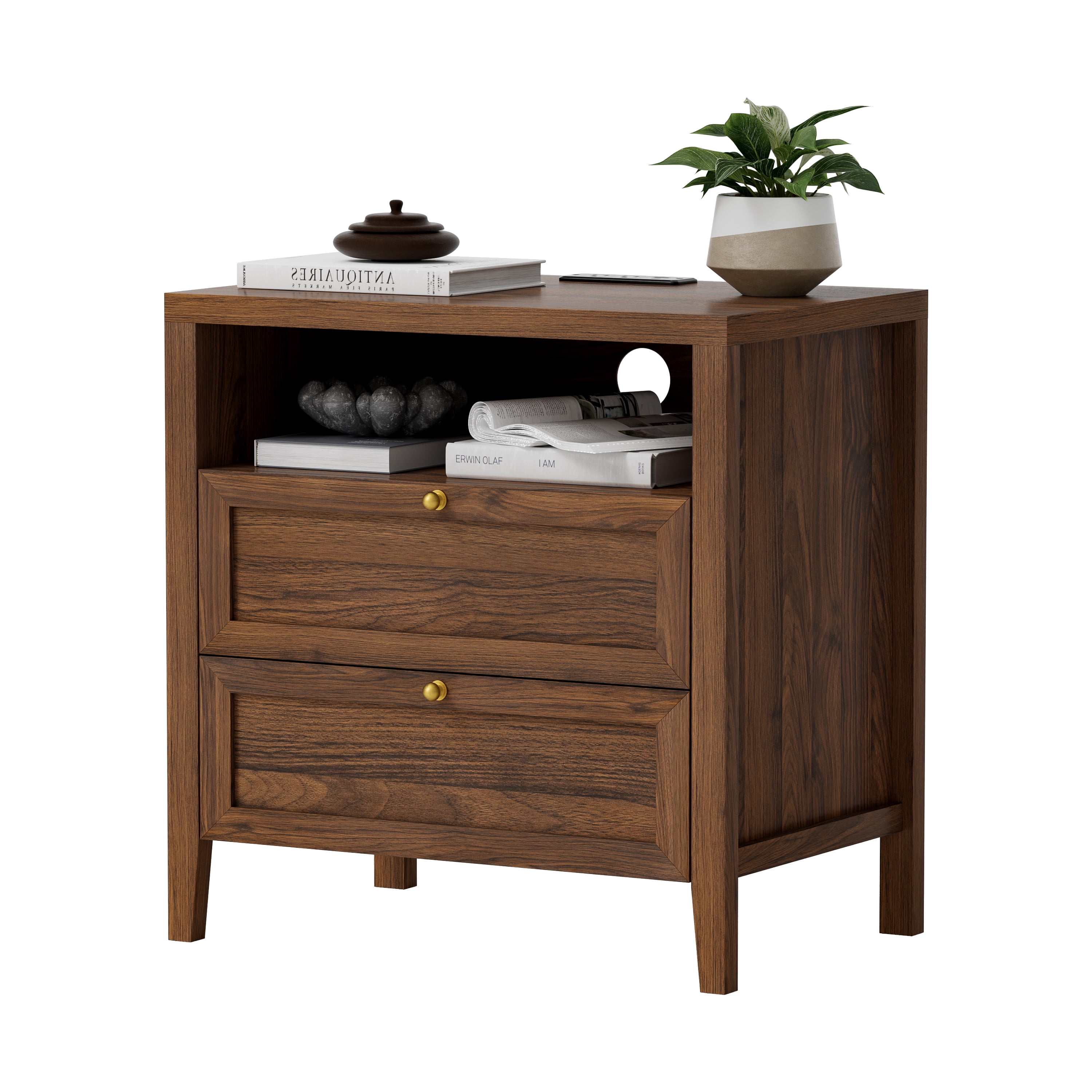 Joyyskill Farmhouse End Table with 2 Drawers, Wooden Nightstand with Open Storage Cable Hole Freestanding Wide Bedside Table for Bedroom Living Room Sofa, Brown