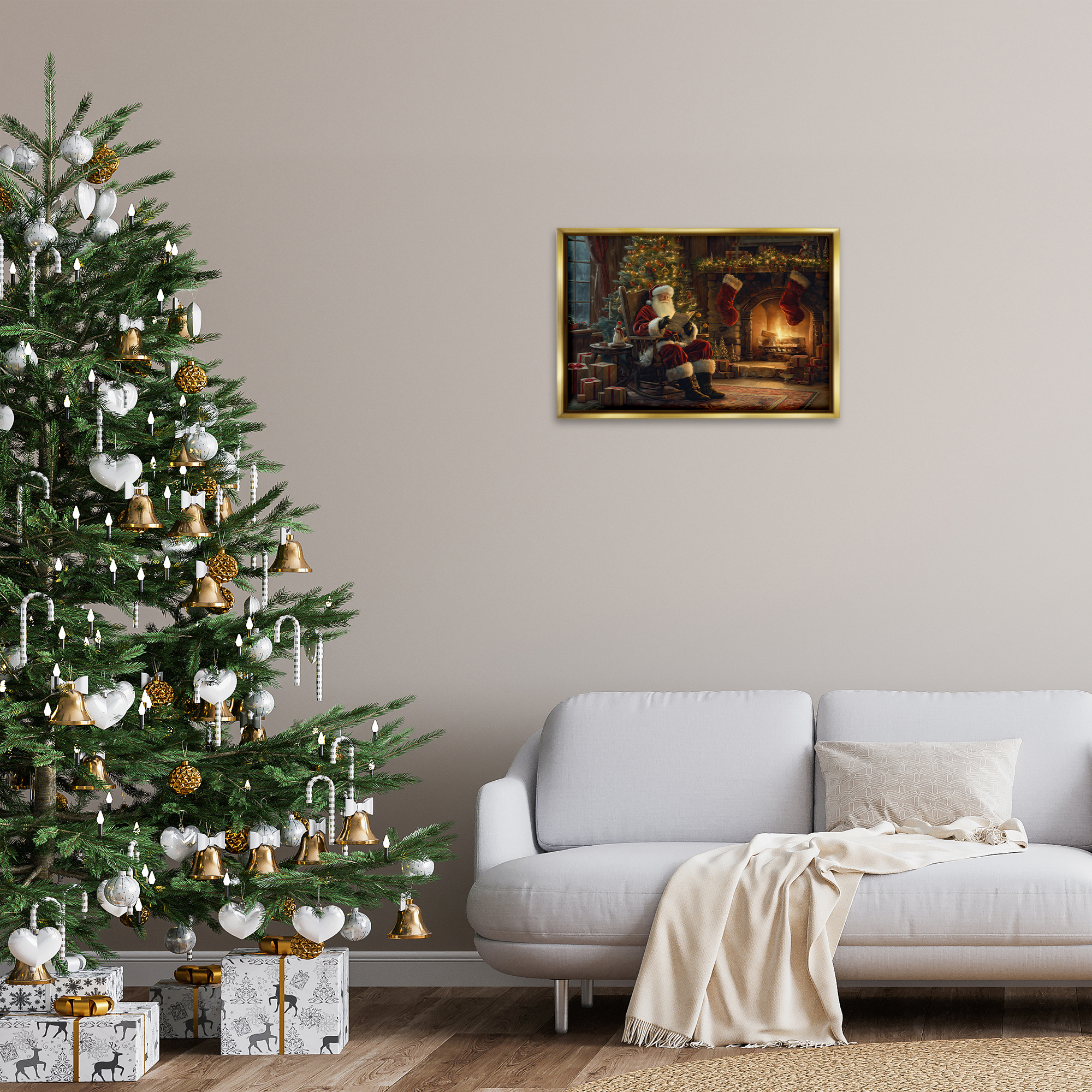 Stupell Industries Santa Claus by Fire Holiday Painting Gold Floater Framed Canvas Art Prints Wall Art, 25 x 17