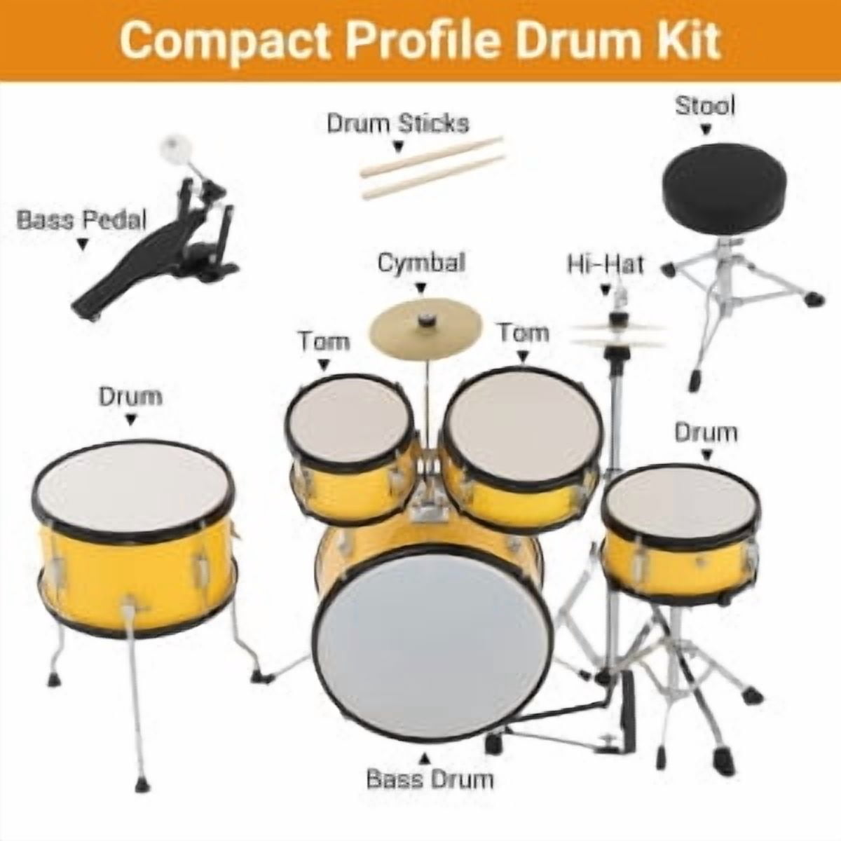 Huisuilinss 5-Piece Junior Drums Set,Beginners Drum Kit with Throne Stool, Pedal & Drumsticks, Kids Drums Musical Instruments W/Cymbal, Hi-Hat, Floor, Tom