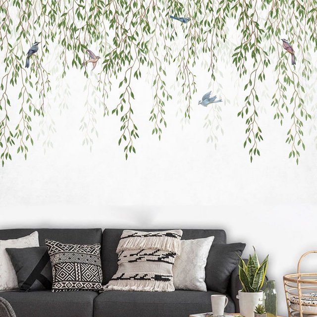 1pc, Green Plant Willow Branch Bird Wall Sticker Bedroom Living Room Home Entryway Wall Decoration Sticker Self-adhesive