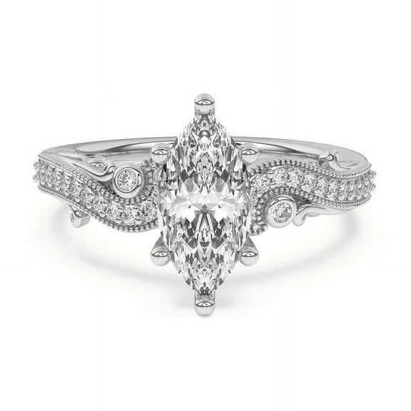Veda Jewelry 2.33 Ct Marquise Cut Moissanite Ring - Vintage Filigree Milgrain Art Deco Engagement Ring - 14K White Gold Plated Metal - Bridal Jewelry to Celebrate Weddings and Engagements