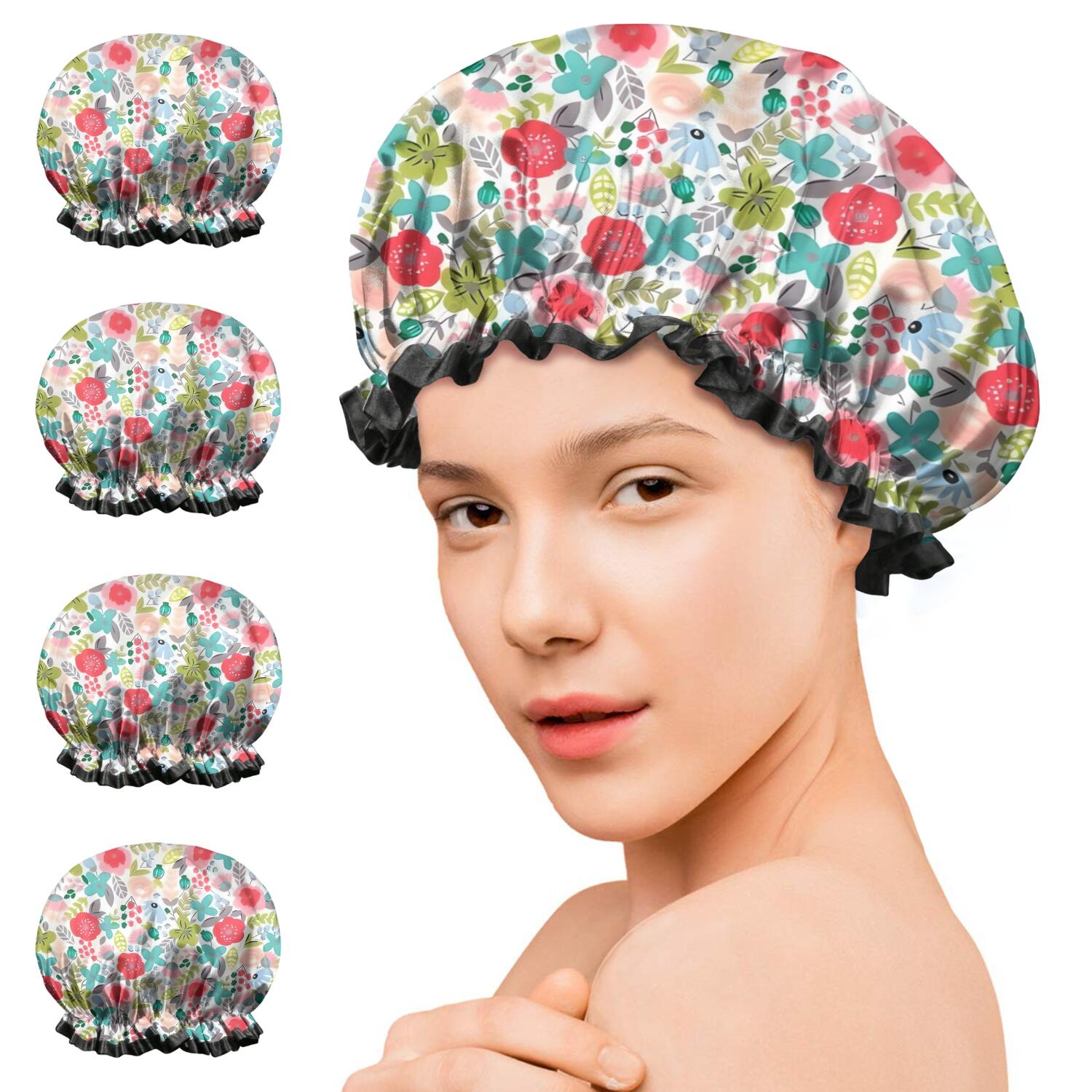 Shower Caps,Pioneer Flower Floral Print Pattern Waterproof Shower Cap for Women 4 Pieces,Double Reusable Hair Cover for Shower PEVA Elastic Stretch Hem