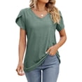 thumbnail image 4 of Women’s V Neck Hollow Out Short Sleeve T Shirt, Solid Color Casual Top with Breathable Fabric, Lightweight Loose Fit Summer Everyday Wear for Daily Outfits, Green, L, 4 of 5
