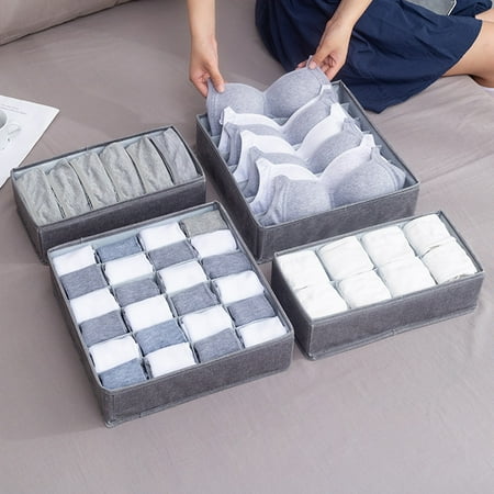 XIUH Home Textile Linen 7 Lattice Finishing Box Underwear Bra Storage Box Folding Storage Bag Washable (Gray)