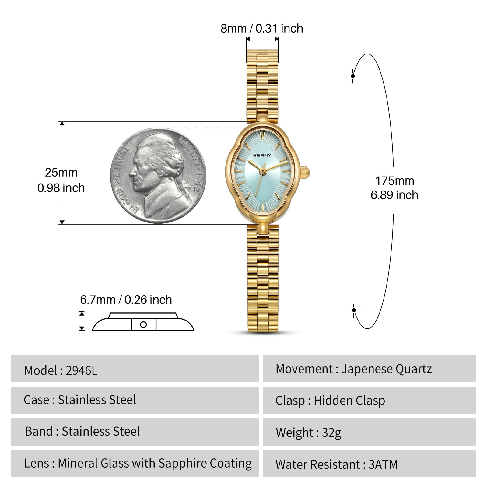 BERNY Small Gold Watches for Women Dainty Vintage Ladies Analog Quartz Bracelet Watch, Adjustment Tool Included Stainless Steel Waterproof, Fashion Luxury Womens Wrist Watches Gifts (Blue)