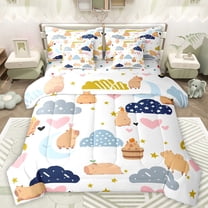 Castle Fairy Animal Capybara Twin Bedding Sets 7-Piece for Preppy Child Children,Stars Print Bedding Comforter Set Microfiber,Kawaii Love Heart Breathable Sheet Sets,Microfiber Bedroom Decor
