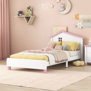 Paproos Twin Size Bed Frame, Lovely Wood Platform Bed with House-shaped Headboard, Strong Wooden Slats Support, Heavy Duty Twin Bed Frame for Kids Boys Girls Teens, No Box Soring Needed, Pink