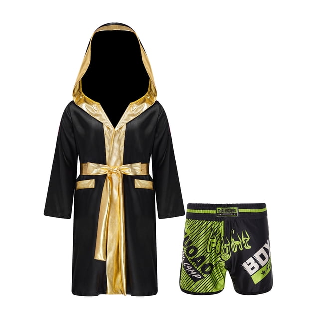 Fldy Tenues de Boxe pour Garçons Enfants Ensemble Robe à Capuche en Satin Métallique Cape et Shorts Robe de Fête Déguisement A2 8