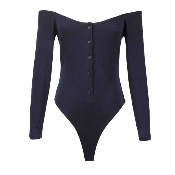 Body de manga larga para mujer, cuello de una línea, botón de color sólido, mono ajustado Sexy Pompotops ulkah944908