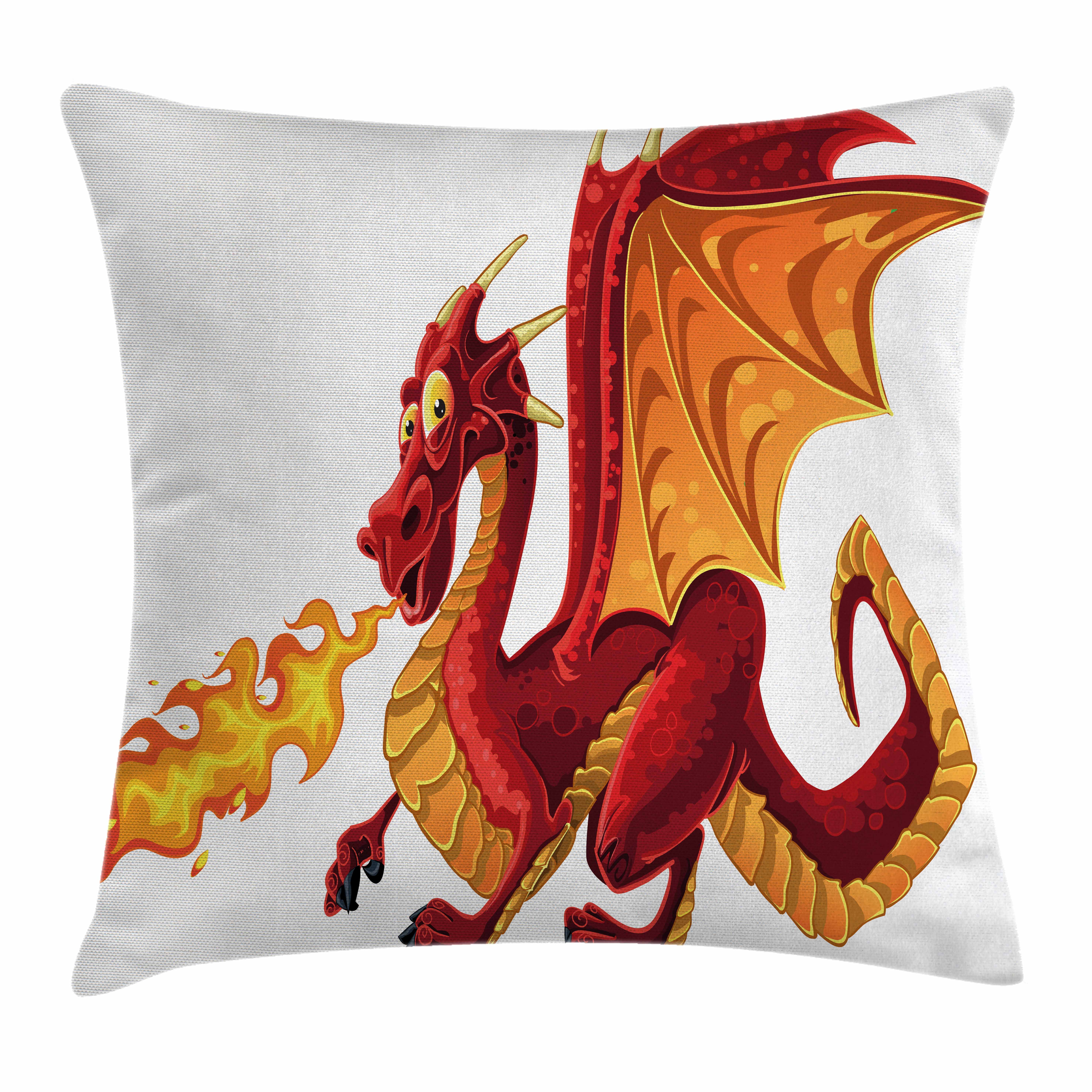 Dragon Throw Pillow Cushion Cover, Funny Fire Spitting Winged Cartoon