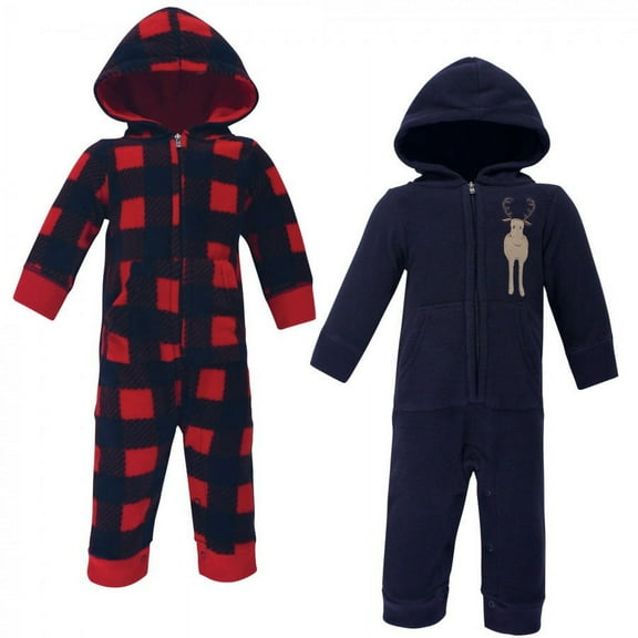 Hudson Baby Infant Boy Fleece Jumpsuits, Coveralls, and Playsuits 2pk, Forest Moose, 0-3 Months