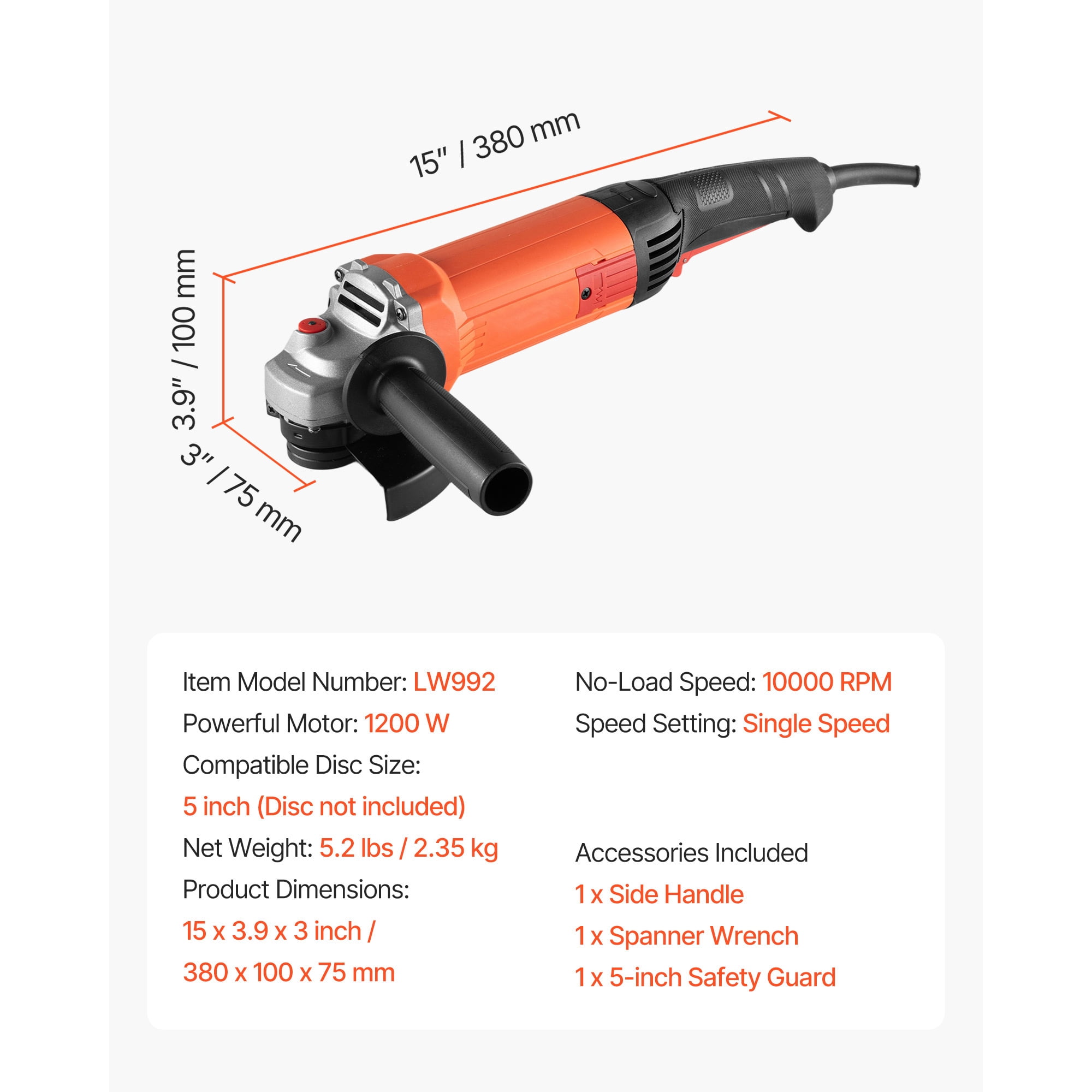 KFFKFF 5" Electric Angle Grinder, 10-Amp High-Speed Power Tool, 10000 RPM Corded Grinder with 230° Adjustable Dust Guard for Metal Cutting, Grinding, and Rust Removal (Disc Not Included)