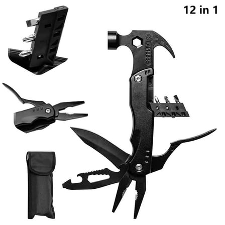 12-in-1 Camping Hammer Multitool - Stainless Steel Survival Gear with Safety Lock, Portable Sheath - Compact Outdoor Multi-Tool