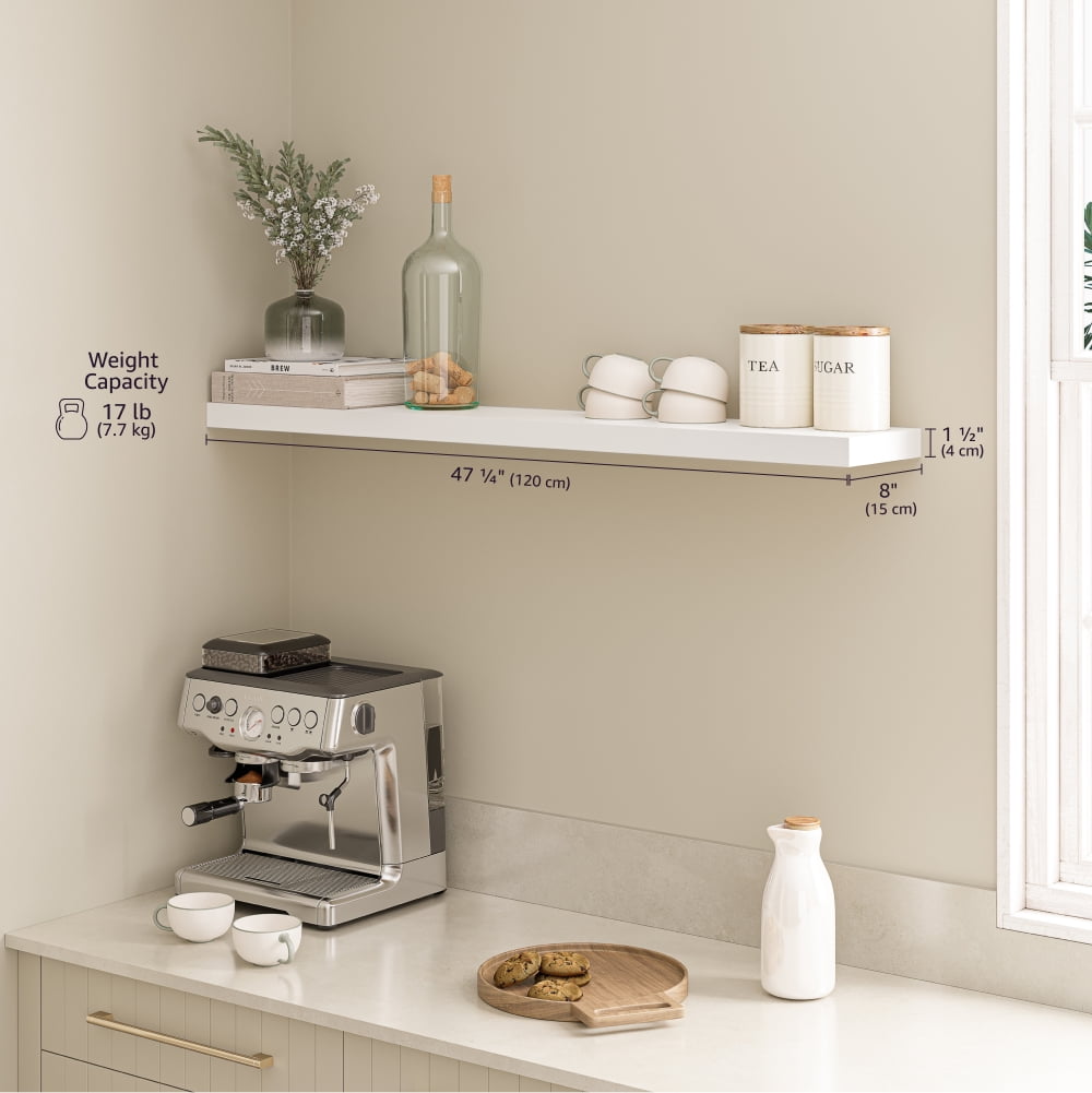 Ballucci 48" Floating Shelf, Wood Wall Mount Shelf with Invisible Bracket, 8" Deep, White