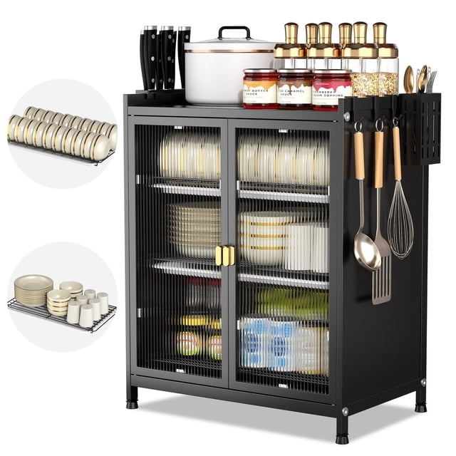 Mueble para Trastes de Cocina, Organizador de Trastes de 3 Niveles con Puerta, Estante de Microondas, Gabinete para Cocina, 59x45x28 CM