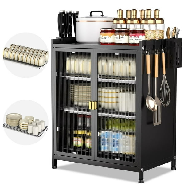 Mueble para Trastes de Cocina, Organizador de Trastes de 3 Niveles con Puerta, Estante de Microondas, Gabinete para Cocina, 59x45x28 CM