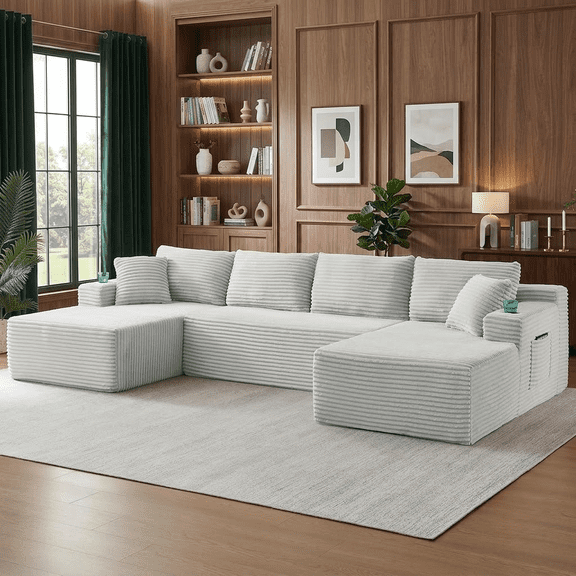 134 Inch Cloud Couch U-Shaped Modular Sectional Sofa, Deep Seat Corduroy Boneless Sofa with Cupholders & Side Storage, Modern Upholstered Couches for Living Room, No Assembly, Light Grey