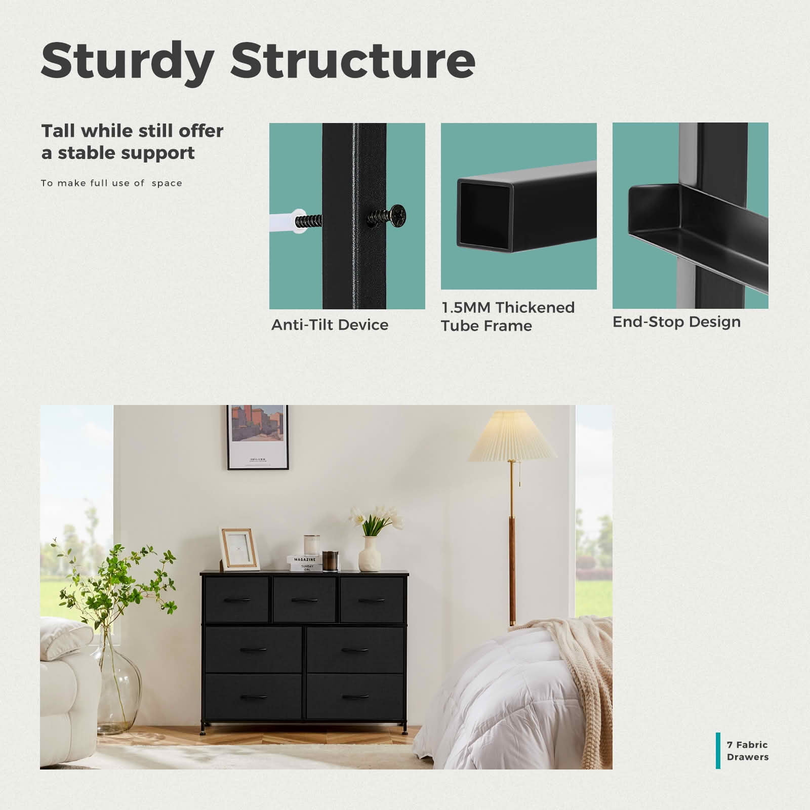 MAYEERTY 7-Drawer Fabric Storage Tower, Versatile Organizer with Wood Top for Bedroom, Living Room, Black