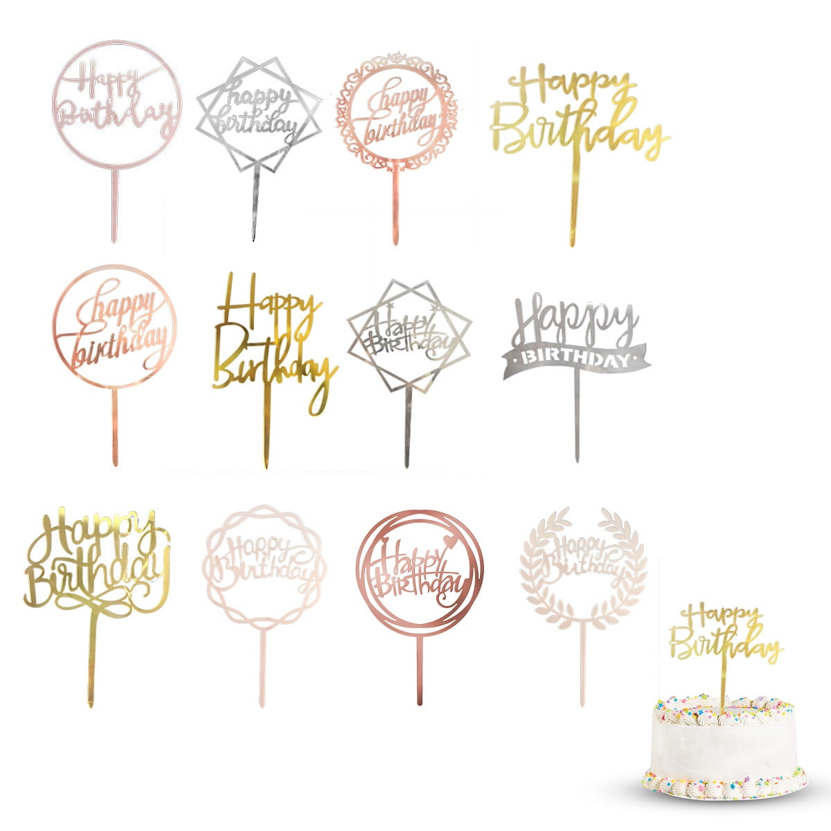 Cake Toppers Gold Birthday Cake Decorations Cake Inserts Card for Cake Decoration Boy Girl Kid Men Women Birthday Party 12 Pcs
