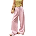 thumbnail image 2 of Women's Pinstripe Linen Palazzo Pants Elastic Drawstring High Waist Flowy Wide Leg Loose Summer Beach Trousers With Pockets Pink L, 2 of 6
