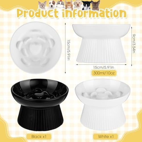 2 Pcs Raised Cat Slow Feeder Bowl Ceramic Elevated Cat Dog Food Bowl No Spill High Edge for Dry Wet Food and Water Easy to Clean, Dishwasher Safe (Black,White)