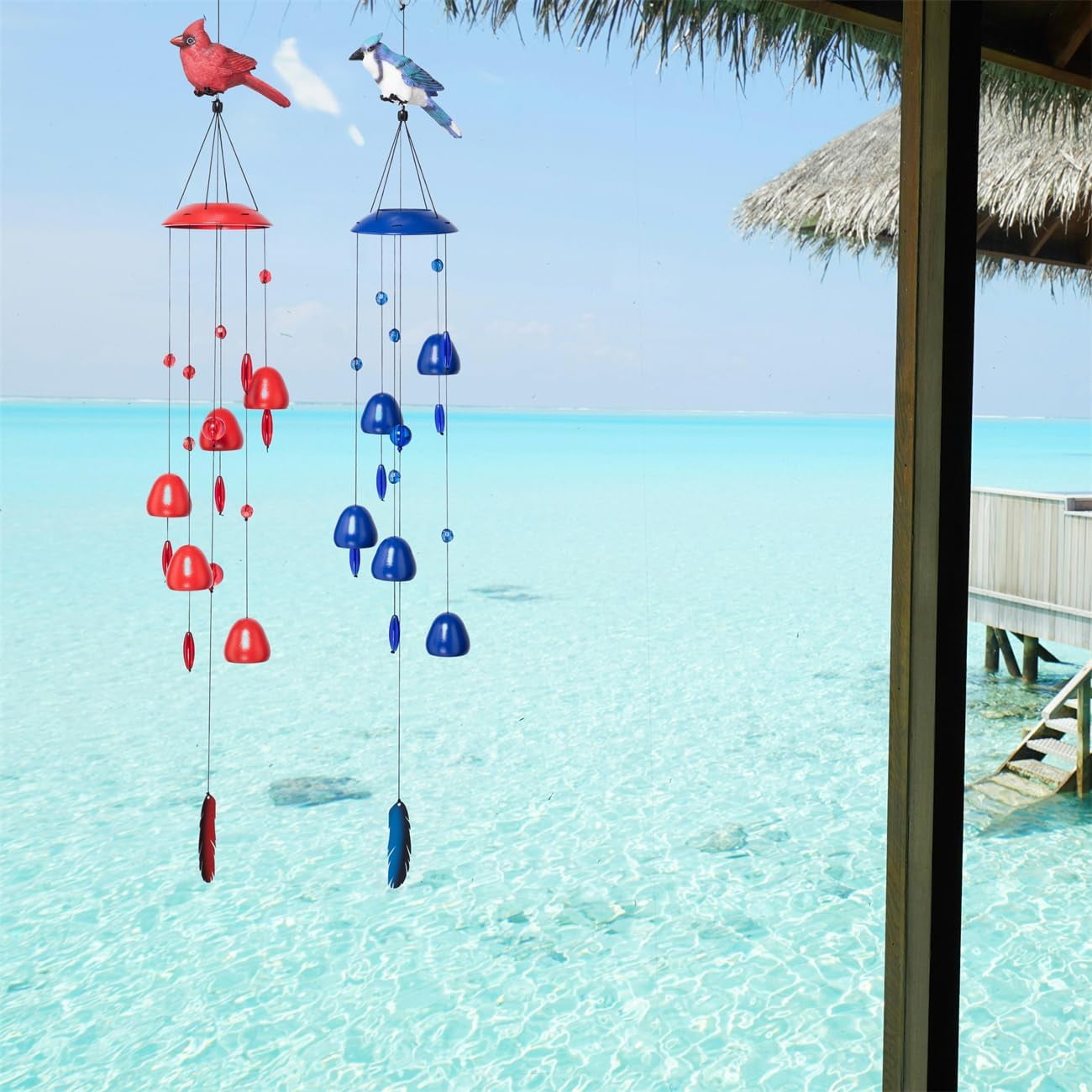 Blue Jay Bird Wind Chimes with Bells, Large Unique Birds Chimes for Garden Backyard Church Hanging Decor, 40"