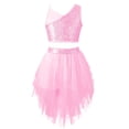 thumbnail image 2 of TiaoBug Kids Girls Lyrical Modern Dance Costume One Shoulder Sequins Crop Top with Mesh Skirt Set, 2 of 5