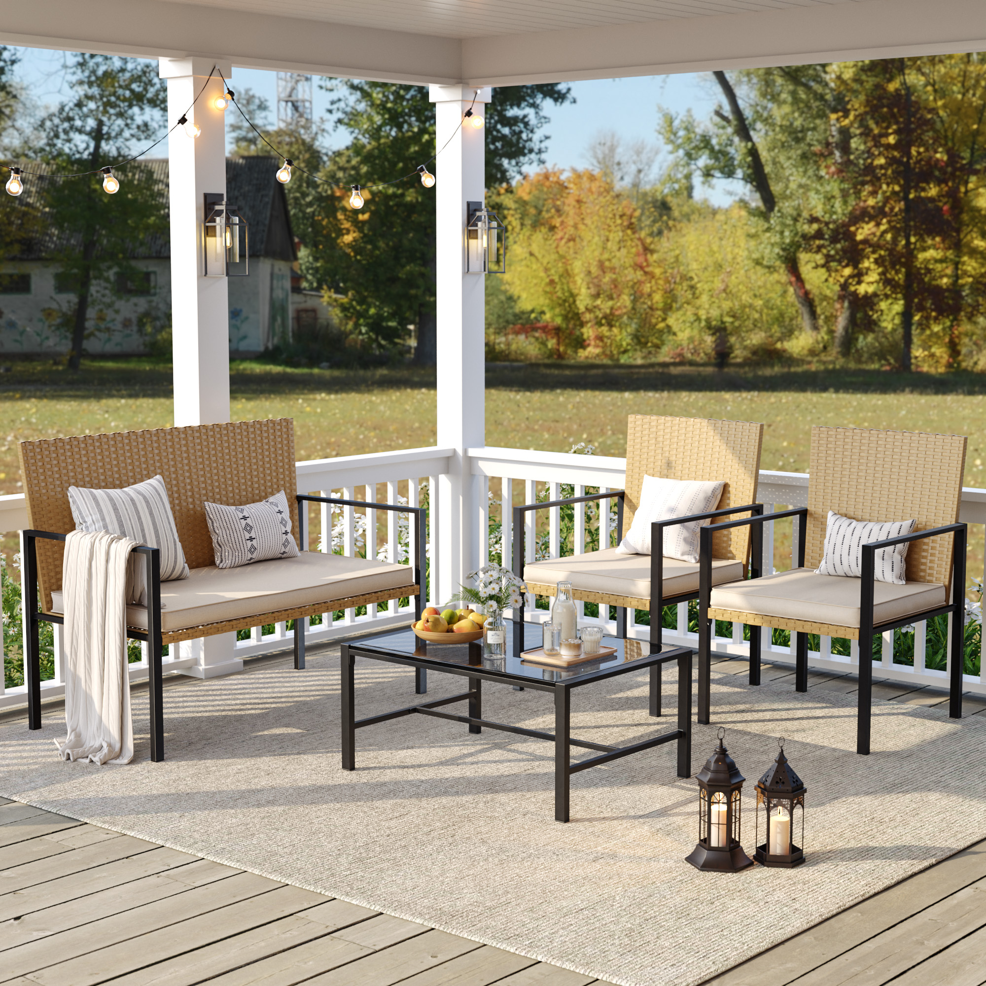 ELPOSUN Patio Furniture Sets for 4, 4 Pieces Patio Comversation Set with Glass Coffee Table,for Backyard Balcony Lawn Pool,Yellow/Beige