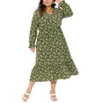 thumbnail image 1 of Vestido de mujer de tallas grandes Agnes Orinda, estampado floral bohemio, cuello en V, manga larga, dobladillo con volantes, vestido largo 1X verde oliva, 1 of 5