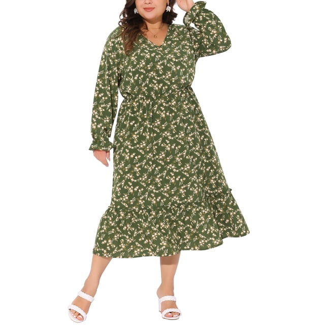 Vestido de mujer de talla grande Agnes Orinda, estampado floral bohemio, cuello en V, manga larga, dobladillo con volantes, vestido largo 3X en verde oliva