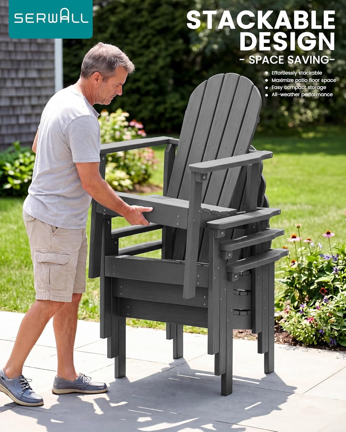 HJTER Stackable Modern Adirondack Chair, HDPE Outdoor Patio Chair with Space-Saving Design, All-Weather Fire Pit Chair with Widened Seat for Deck, Backyard, Garden, Lawn (Grey)
