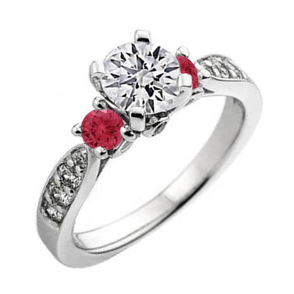 Dazzlingrock Collection 14K Round Ruby & White Diamond Ladies 3 Stone Bridal Engagement Ring, White Gold, Size 9.5