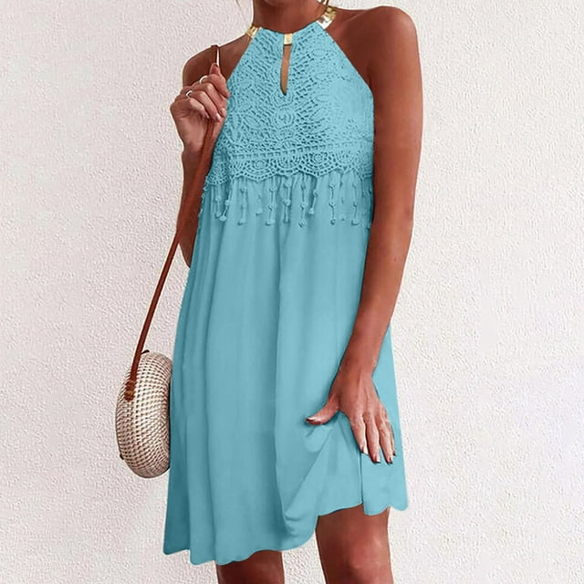 HKEJIAOI Robes Décontractées pour Femmes Offres Liquidation Robe d'Anniversaire Mode Féminine Col Rond Uni Appliques Imprimé Papillon Sans Manches Vert